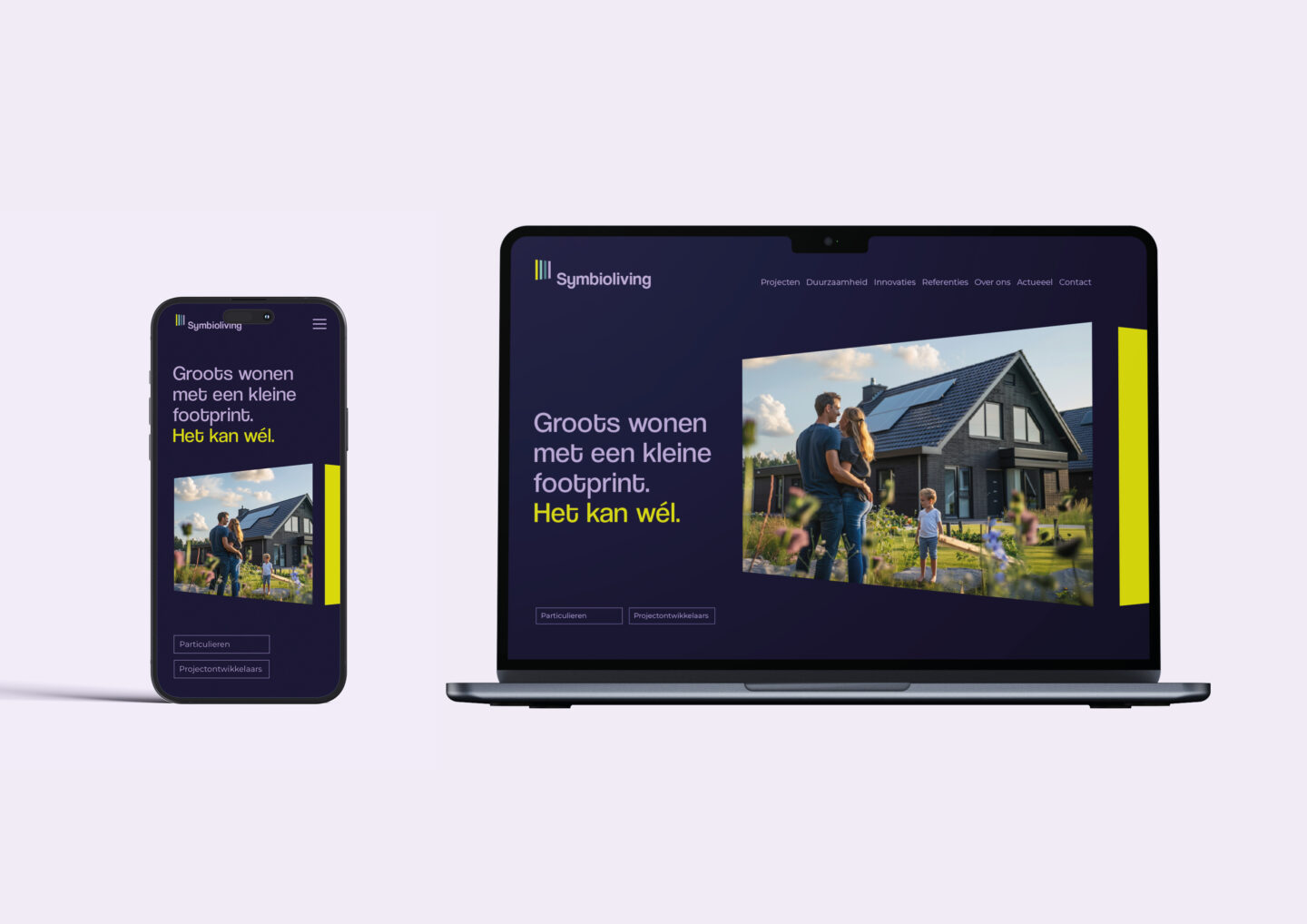 Mockups van de website van Symbioliving op mobiel en laptop