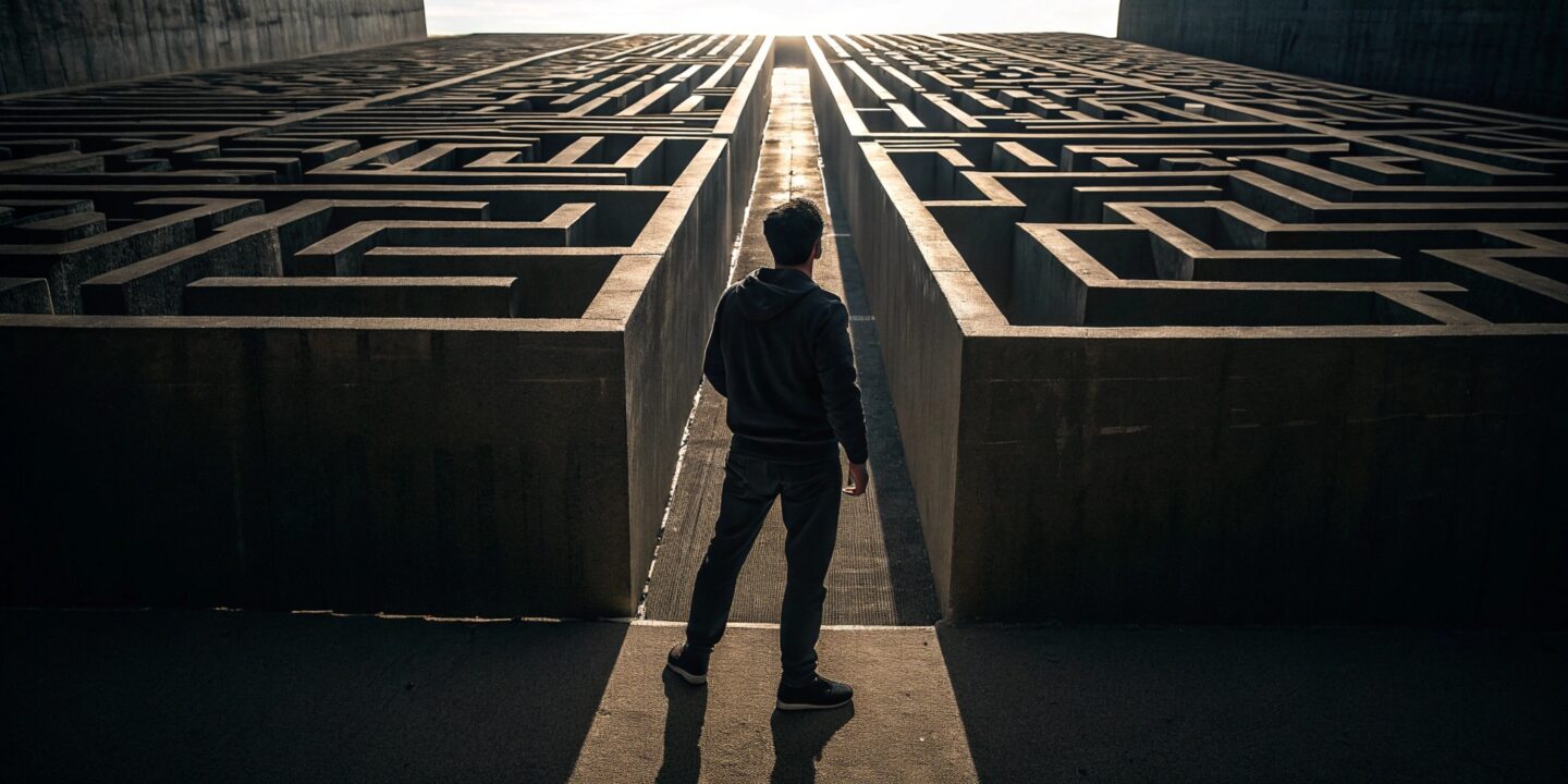 A man standing in front of an intimidating maze t