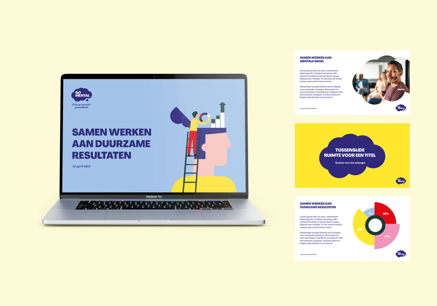 Mockups van een interactieve presentatie van GoMental